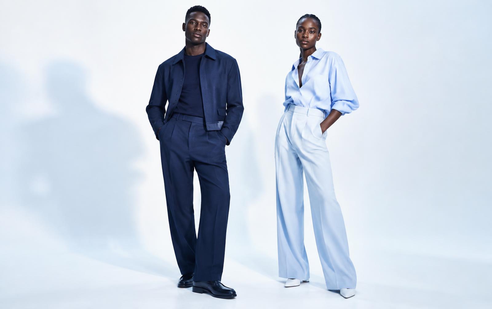 Two models wearing Jambo Fashion House: a navy jacket and trousers set, and a sky-blue shirt with pale blue trousers